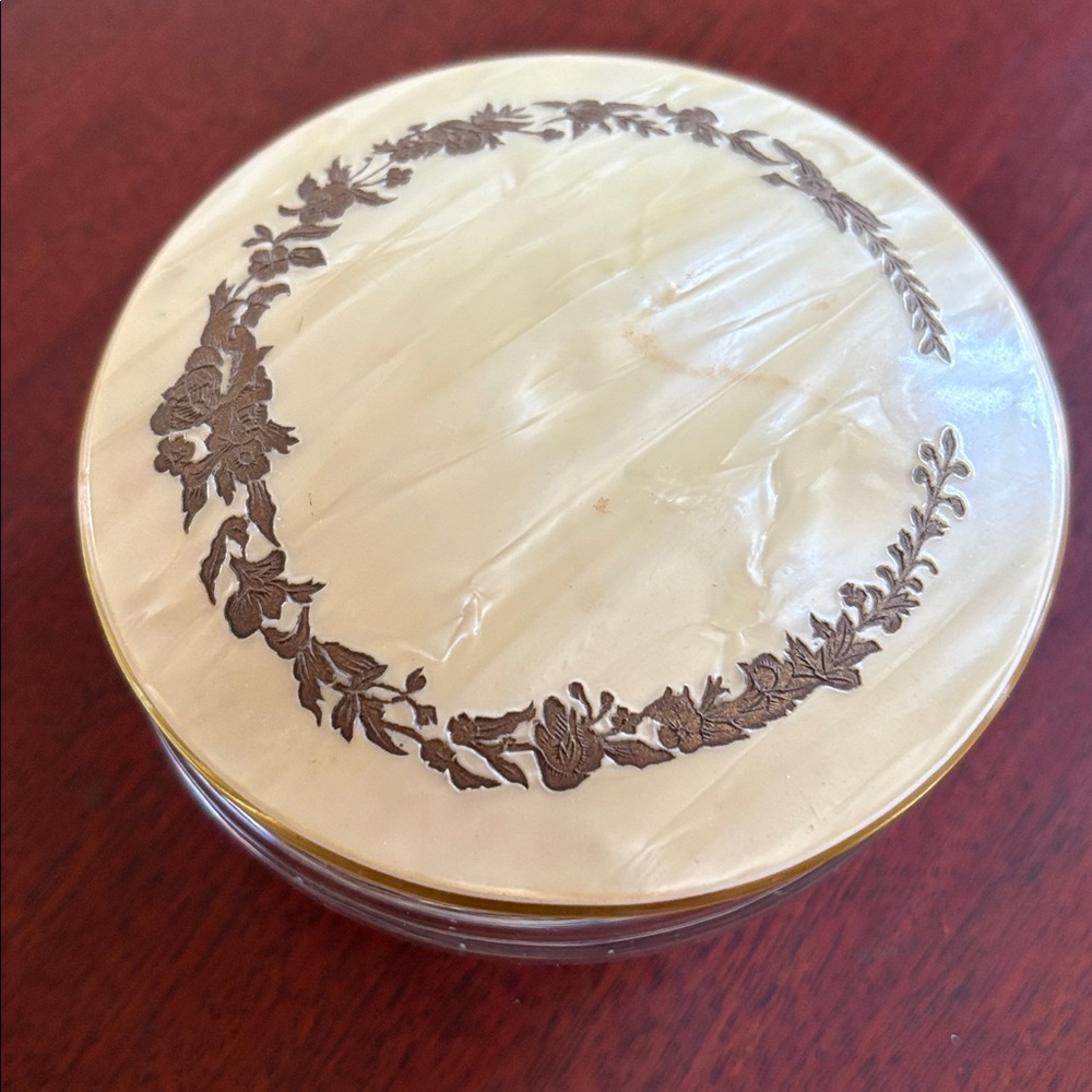 Dresser Set Cream and Gold Bowl with Celluloid Lid